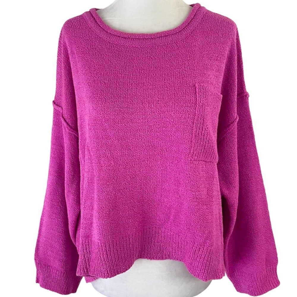 New Lumiere Boxy Fit Long Sleeve Round Neck Pocket Sweater Pink Size Small